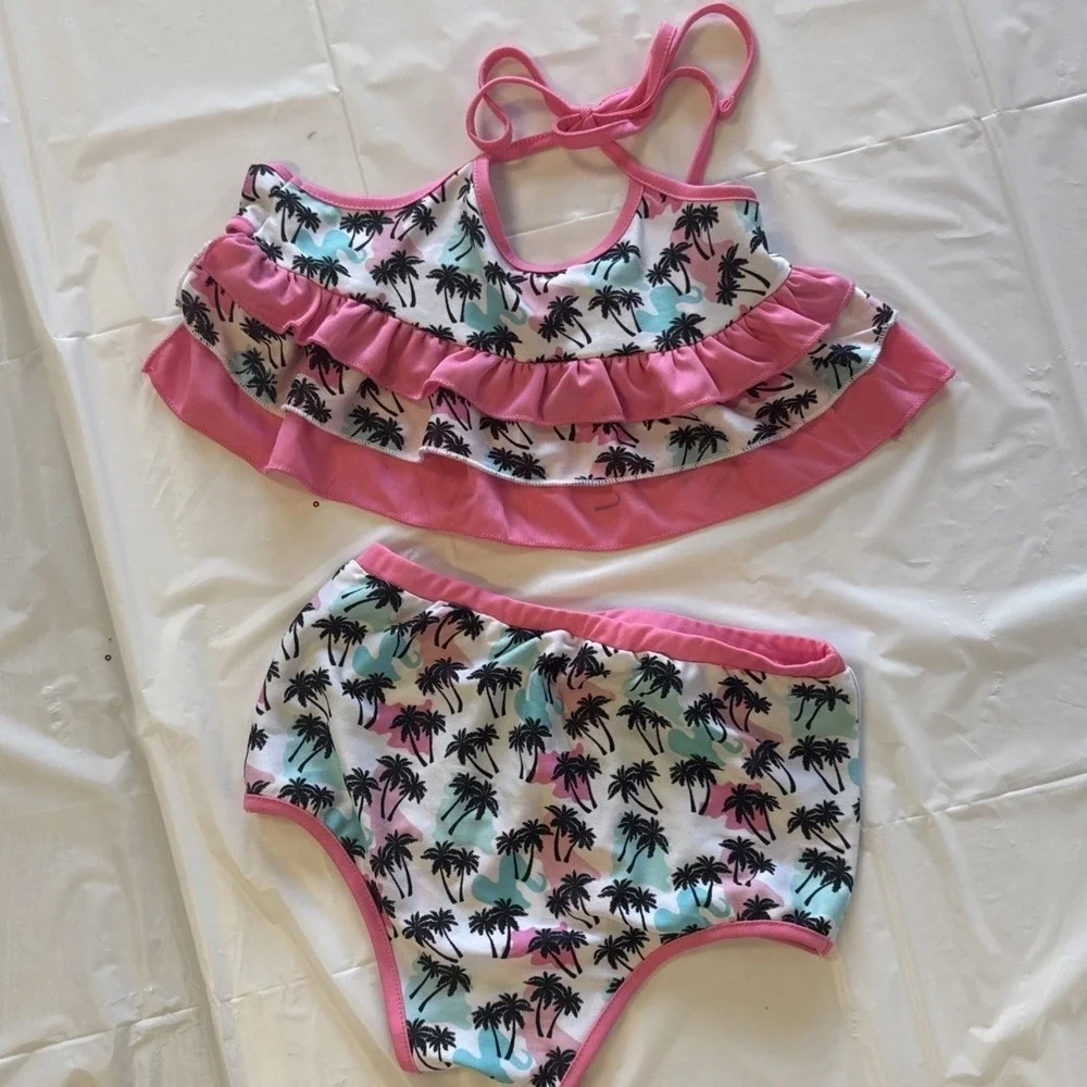 Pink‎ Tropical Palm Tree Pet Bikini Set Two-Piece Dog Swimsuit with Ruffles